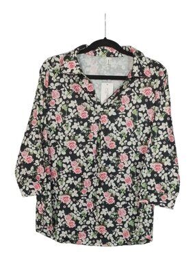 Bluetime Coastal Tunic Top Women's Size L Floral V Neck 3/4 Sleeve Dressy Blouse